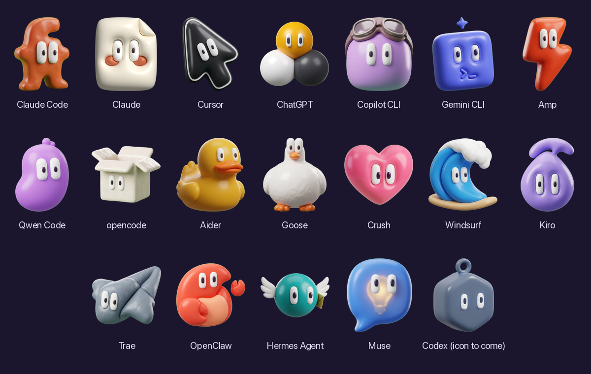 A grid of 19 small clay characters, one for each AI agent FireAI 1.0.4 recognises, from Claude Code and Cursor to OpenClaw, Hermes Agent and Muse.